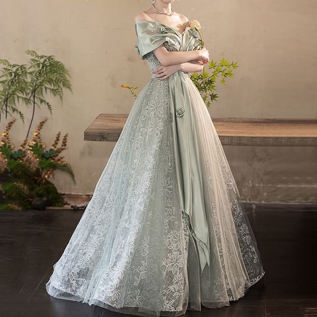 Short-Sleeve V-Neck Mesh A-Line Evening Ball Gown FashionChic