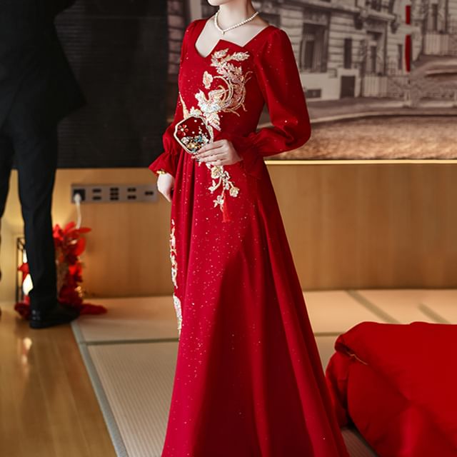 Neck Square Gown Evening Embroidered A-Line Long-Sleeve FashionChic