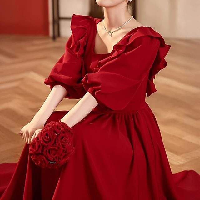 Plain Square Evening Gown Neck Puff-Sleeve A-Line FashionChic