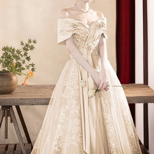 Ball Mesh Gown V-Neck Evening A-Line Short-Sleeve FashionChic