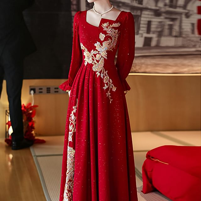 Neck Square Gown Evening Embroidered A-Line Long-Sleeve FashionChic