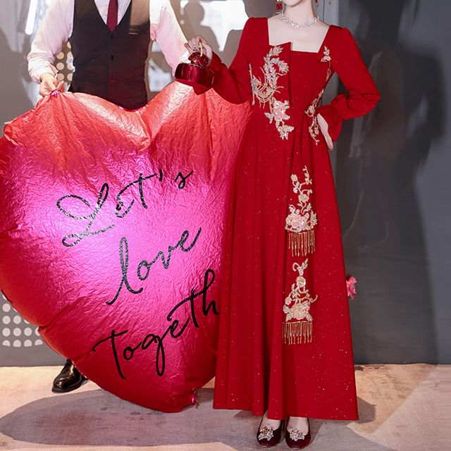 Neck Square Gown Evening Embroidered A-Line Long-Sleeve FashionChic