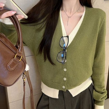 V-Neck Mock Two-Piece Two Tone Button-Up Cardigan SpreePicky