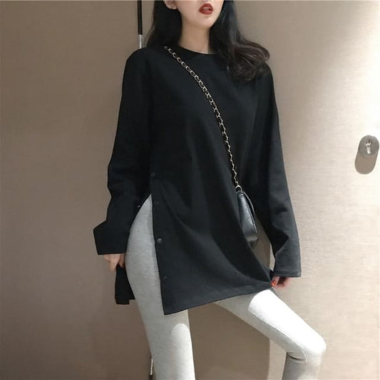 Long Sleeve Crew Neck Plain Button Slit Tee SpreePicky