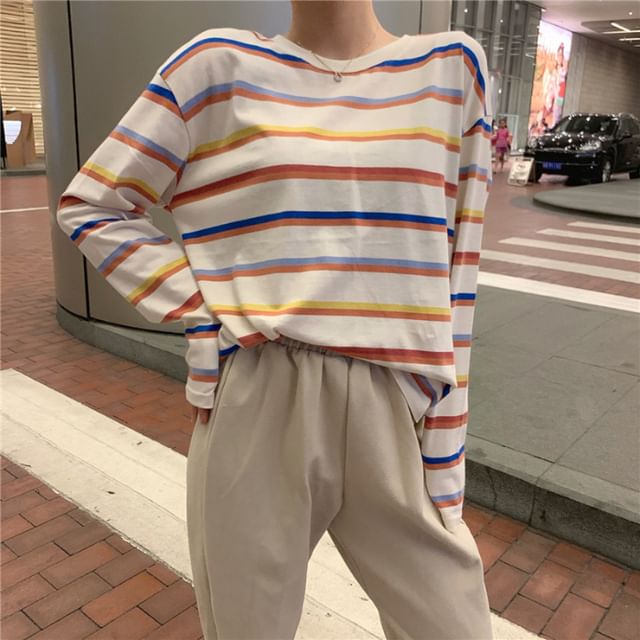 Long Sleeve Crew Neck Striped Tee SpreePicky