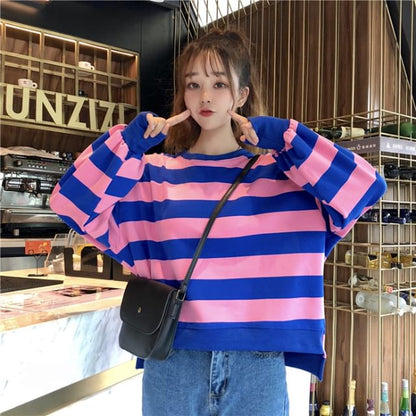 Round Neck Striped Slit Sweatshirt SpreePicky