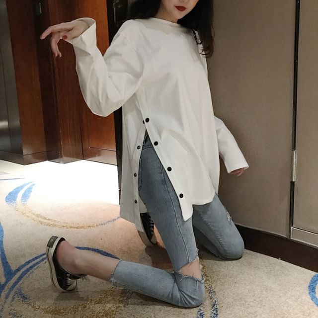 Long Sleeve Crew Neck Plain Button Slit Tee SpreePicky