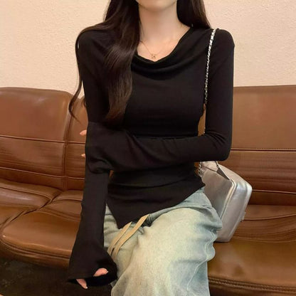 Long Sleeve Cowl Neck Plain Asymmetrical Top SpreePicky