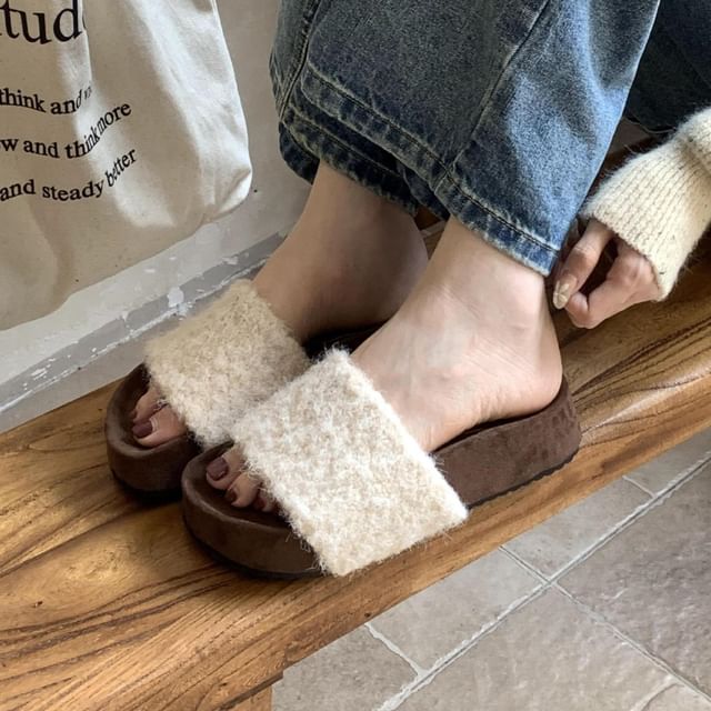 Platform Plain Fleece Slide Sandals SpreePicky