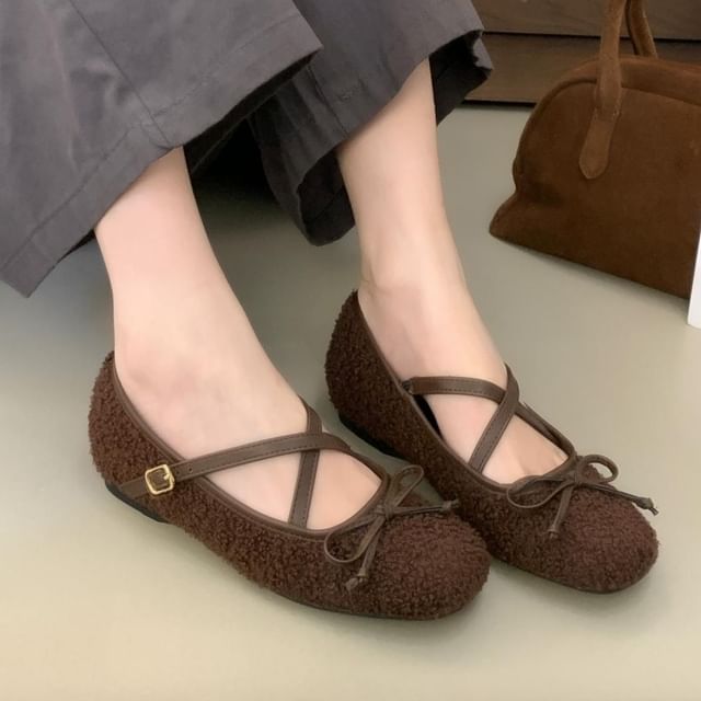 Cross Strap Plain Bow Accent Fleece Mary Jane Flats SpreePicky