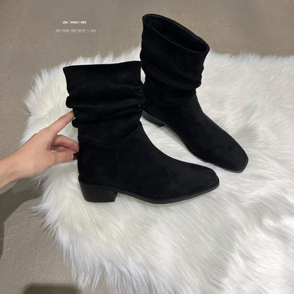 Chunky Heel Plain Ruched Short Boots SpreePicky