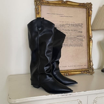 Chunky Heel Pointed Toe Plain Faux Leather Tall Boots SpreePicky