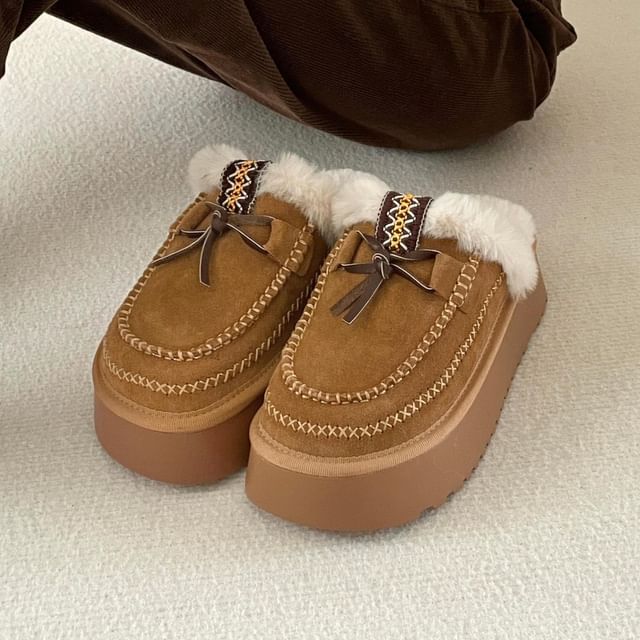 Platform Bow Accent Fleece-Lined Moccasin Mules SpreePicky