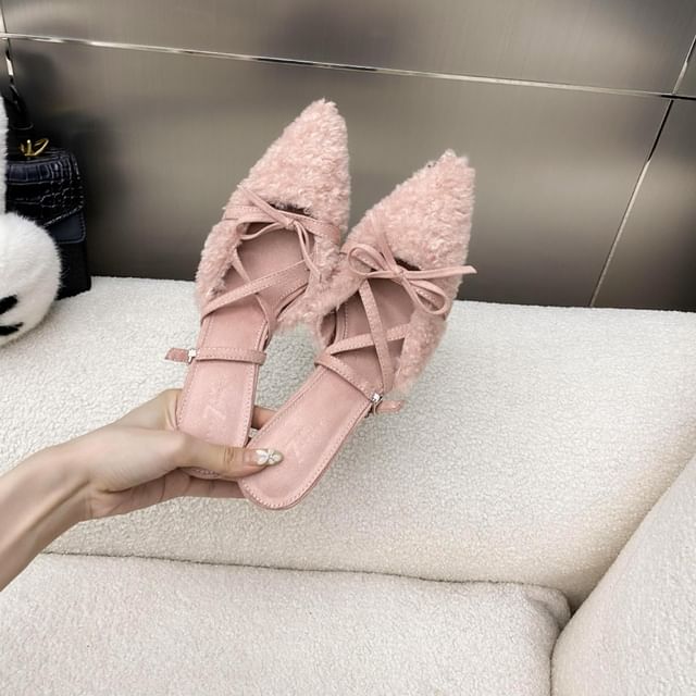 Stiletto Pointed Toe Plain Bow Accent Fleece Slingback Sandals SpreePicky