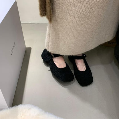 Chunky Heel Square Toe Plain Fleece Mary Jane Pumps SpreePicky