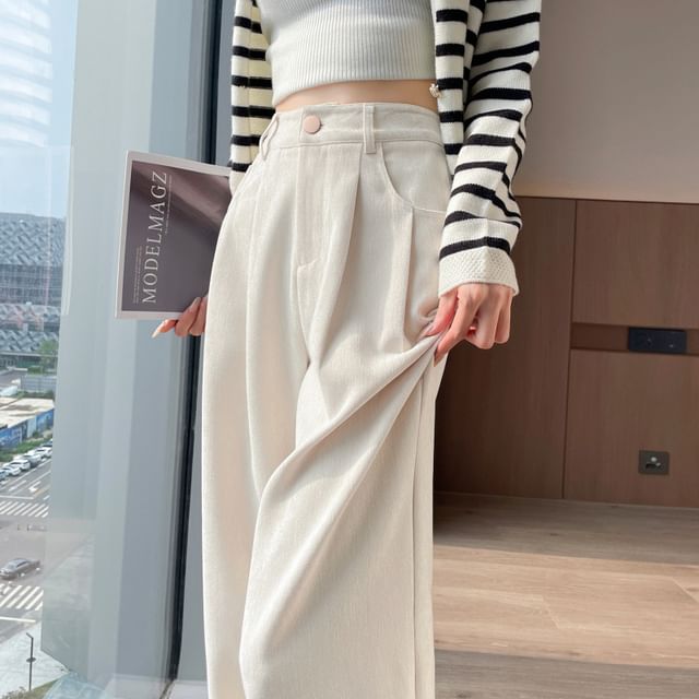 High Rise Plain Corduroy Wide Leg Dress Pants SpreePicky