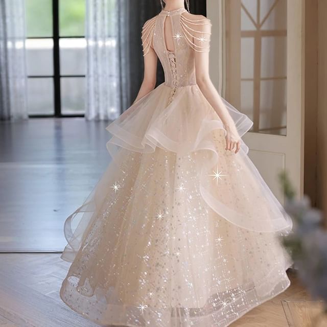 Sleeveless Mesh A-Line Evening Gown FashionChic