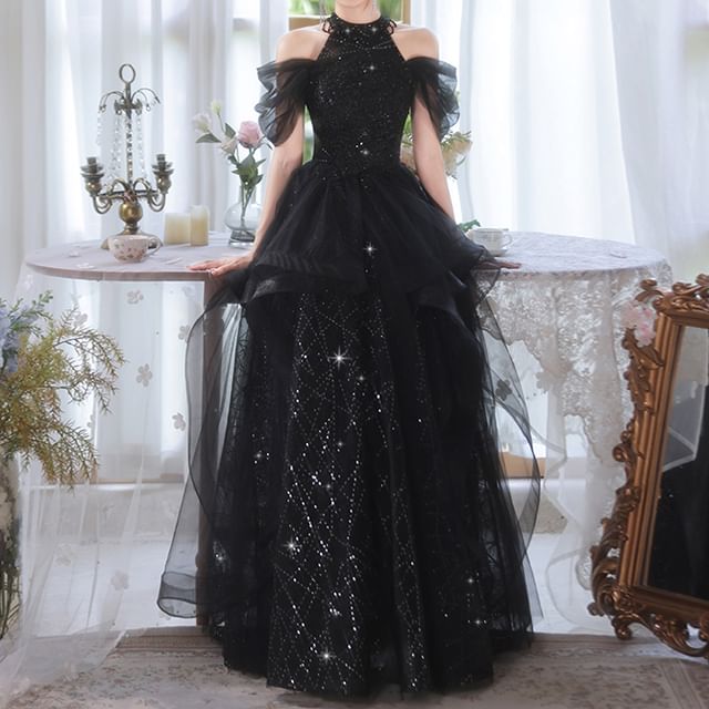 Cold Shoulder Sequin Mesh A-Line Evening Gown FashionChic