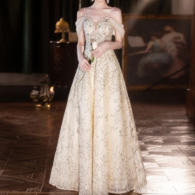 A-Line Mesh Shoulder Gown Evening Cold FashionChic