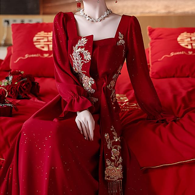 Long-Sleeve Square Neck Embroidered A-Line Evening Gown FashionChic