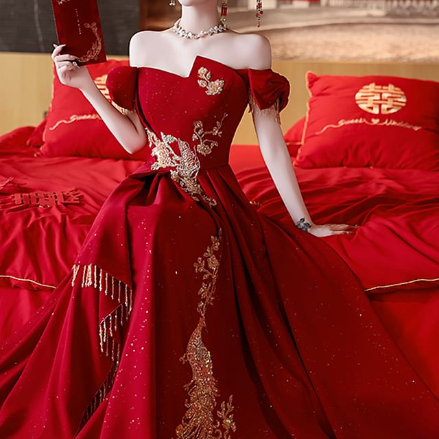 Off Shoulder Embroidered Asymmetrical A-Line Evening Gown FashionChic