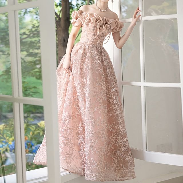 Evening A-Line Shoulder Ball Off Gown Ruffle FashionChic