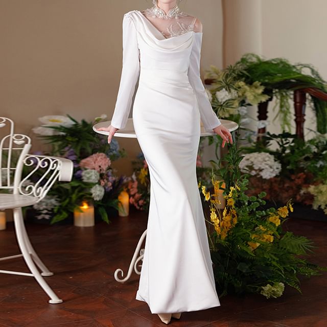 Long-Sleeve Open Back Plain Maxi Mermaid Dress SpreePicky