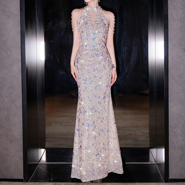 Gown Mermaid Sequin Evening Sleeveless FashionChic