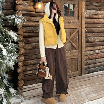 Plain Zip Puffer Vest / Hooded Cardigan / Mid Waist Striped Loose Fit Pants SpreePicky