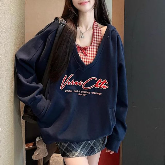 V-Neck Letter Embroidered Oversized Sweatshirt / Plaid Lace Trim Bow Cropped Halter Top SpreePicky