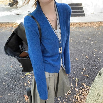 V-Neck Plain Mock Two-Piece Cardigan / High Waist Plain Pleated A-Line Skirt SpreePicky