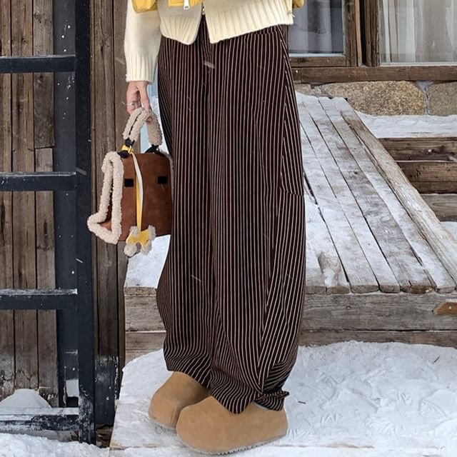 Plain Zip Puffer Vest / Hooded Cardigan / Mid Waist Striped Loose Fit Pants SpreePicky