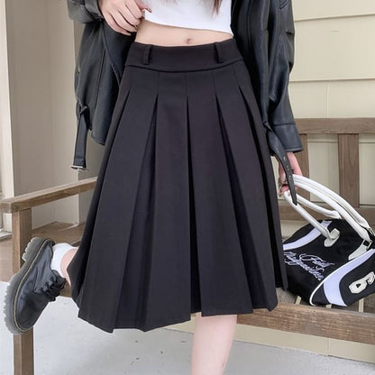 High Waist Plain Pleated A-Line Skirt SpreePicky