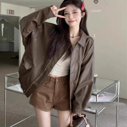 Lapel Collar Plain Faux Leather Oversized Jacket SpreePicky