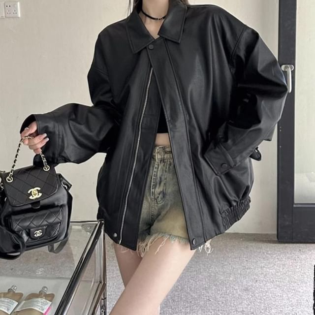 Lapel Collar Plain Faux Leather Oversized Jacket SpreePicky