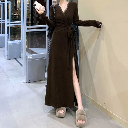 Long Sleeve V-Neck Plain Wrap Slit Maxi A-Line Dress SpreePicky