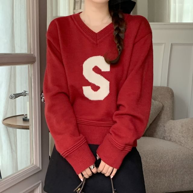 V-Neck Lettering Sweater SpreePicky