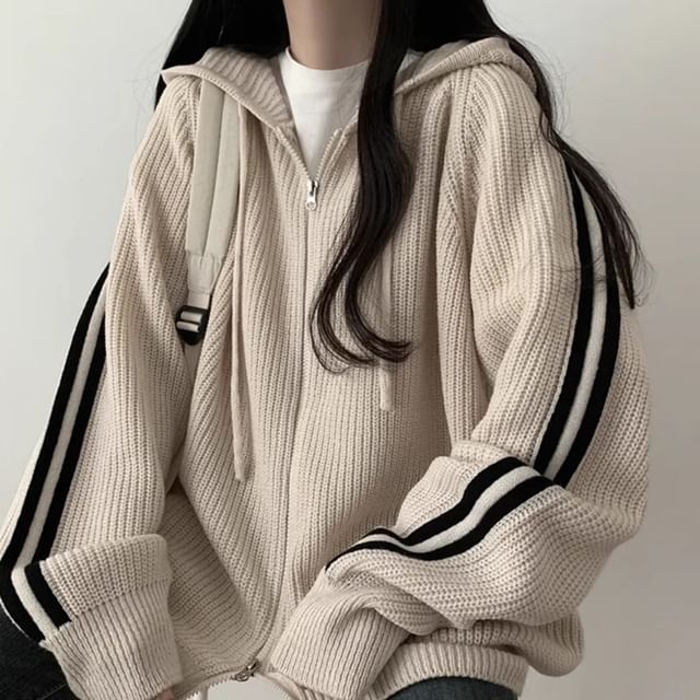 Striped Hooded Oversized Zip Cardigan SpreePicky