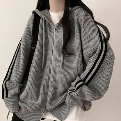 Striped Hooded Oversized Zip Cardigan SpreePicky