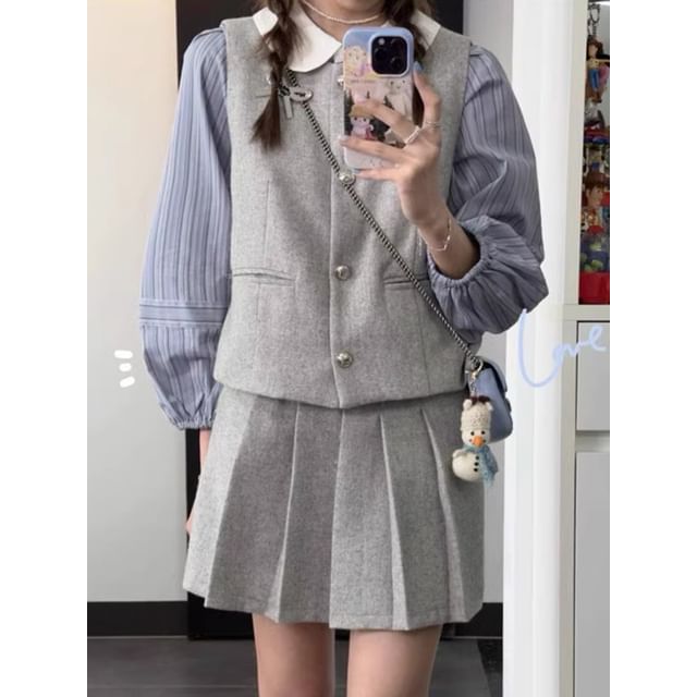 Puff-Sleeve Striped Shirt / Plain Single-Breasted Vest / High Waist Pleated Mini A-Line Skirt SpreePicky