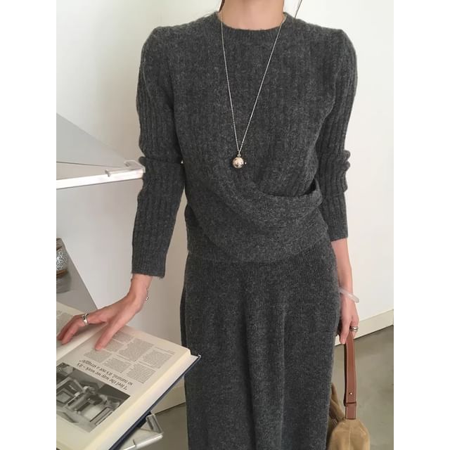 Set: Crew Neck Plain Ribbed Asymmetrical Sweater + High Waist Maxi A-Line Skirt SpreePicky