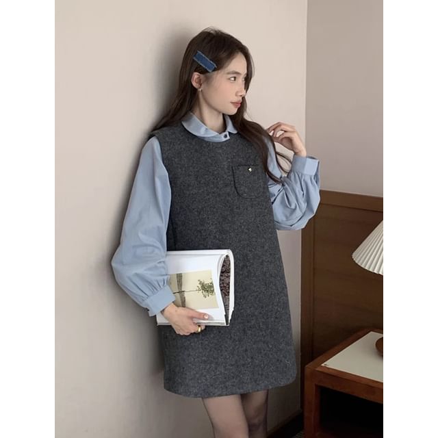 Puff-Sleeve Plain Shirt / Crew Neck Mini Jumper Dress SpreePicky