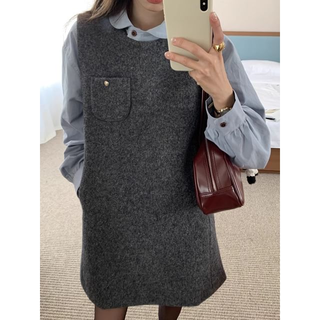 Puff-Sleeve Plain Shirt / Crew Neck Mini Jumper Dress SpreePicky