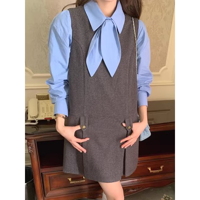 Puff-Sleeve Plain Shirt / Mini Dungaree Dress SpreePicky