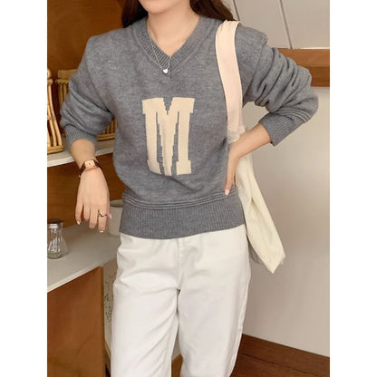 V-Neck Lettering Sweater SpreePicky