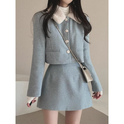 Set: Plain Fluffy Trim Single-Breasted Jacket + High Waist Mini A-Line Skirt SpreePicky