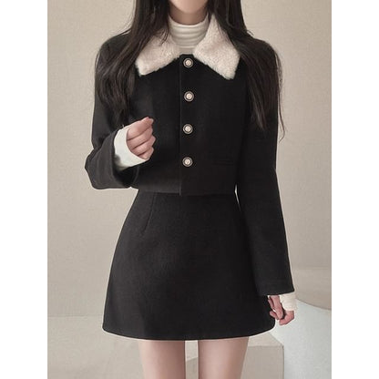 Set: Plain Fluffy Trim Single-Breasted Jacket + High Waist Mini A-Line Skirt SpreePicky