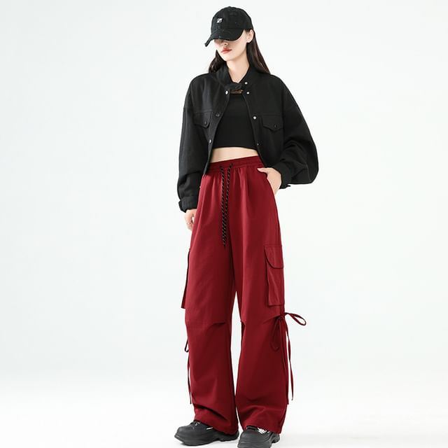 High Rise Plain Pocket Loose-Fit Wide-Leg Cargo Pants SpreePicky