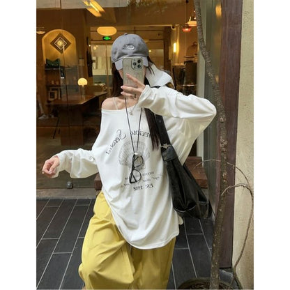 Long Sleeve Cold-Shoulder Graphic & Lettering Print Loose-Fit Pullover / High Waist Loose-Fit Wide-Leg Cargo Pants SpreePicky