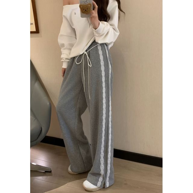 High Waist Lace-Trim Loose-Fit Wide-Leg Sweatpants SpreePicky